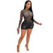 Women's sexy round neck long sleeve nightclub party hot diamond see-through jumpsuit_ecoleips.com