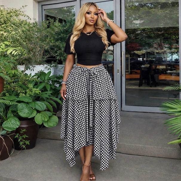 Sweetheart A-Line Midi Skirt – High Waist Wrap Tie Plaid Skirt For Women (Black Houndstooth/Black/Red/Blue/Mustard/Gray, S-2xl, Summer Essential)_ecoleips.com