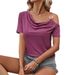 European And American Cross-border 2026 New Asymmetrical Off-shoulder Metal Single-button Loose Short-sleeve T-shirt_ecoleips.com