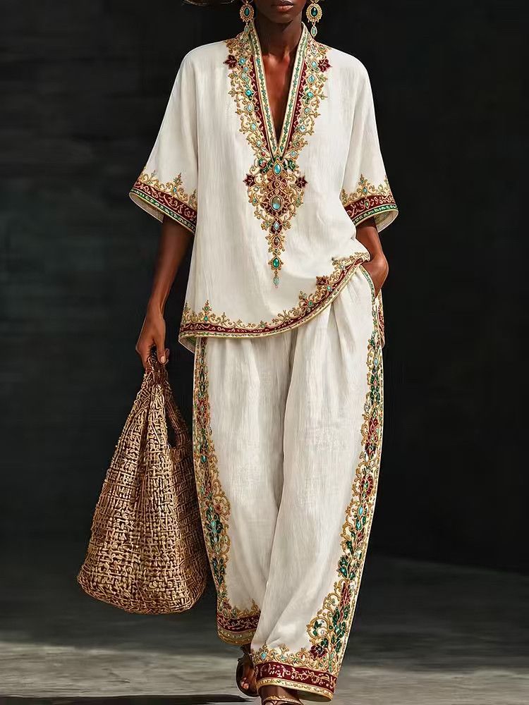 Women's Summer Casual Fashion Linen Two Piece Set V Neck Short Sleeved Wide Leg Pants European And American Style Cross Border E Commerce 2026_ecoleips.com