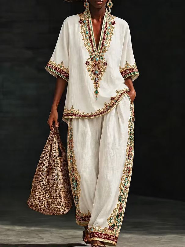 Women's Summer Casual Fashion Linen Two Piece Set V Neck Short Sleeved Wide Leg Pants European And American Style Cross Border E Commerce 2026_ecoleips.com