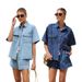 Women's Clothing Casual Loose Pocket Short Sleeved Shirt Denim Two Piece Suit_ecoleips.com