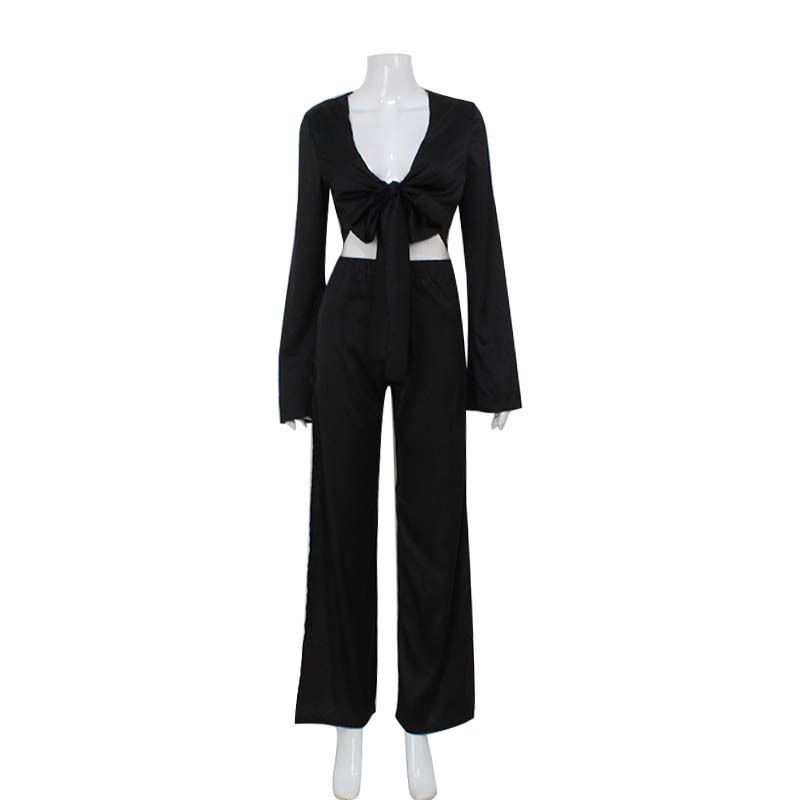 10756 Women's Fashion Sleeve Tie Short Top Hollow Out Split Long Pants Elegant Two-Piece Set_ecoleips.com