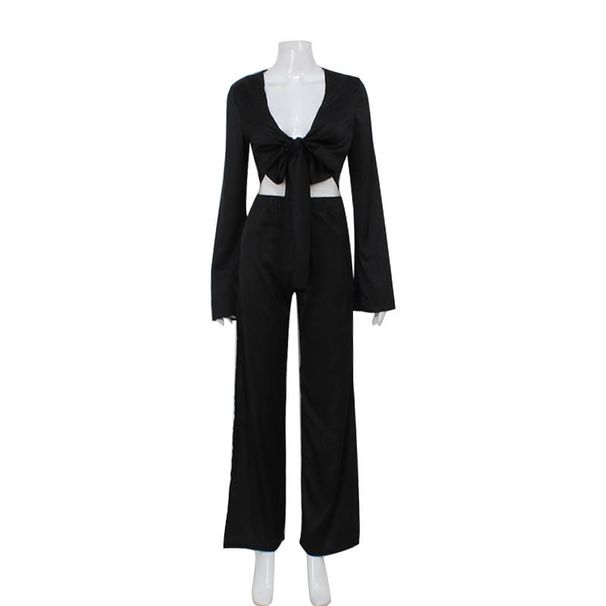 10756 Women's Fashion Sleeve Tie Short Top Hollow Out Split Long Pants Elegant Two-Piece Set_ecoleips.com