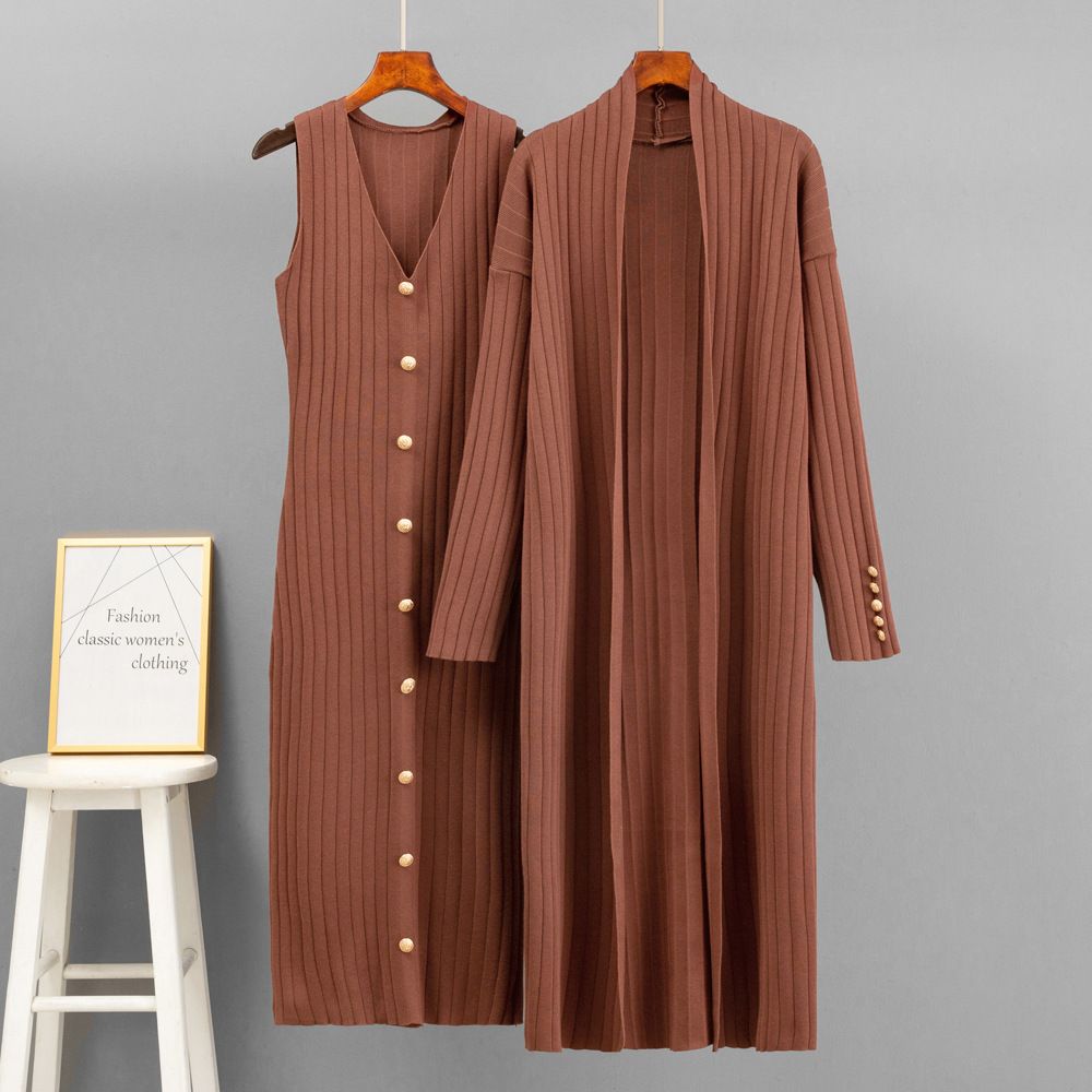 Women's Russian Fashion V Neck Sleeveless Dress Set Casual Loose Jacket Two-Piece Outfit_ecoleips.com
