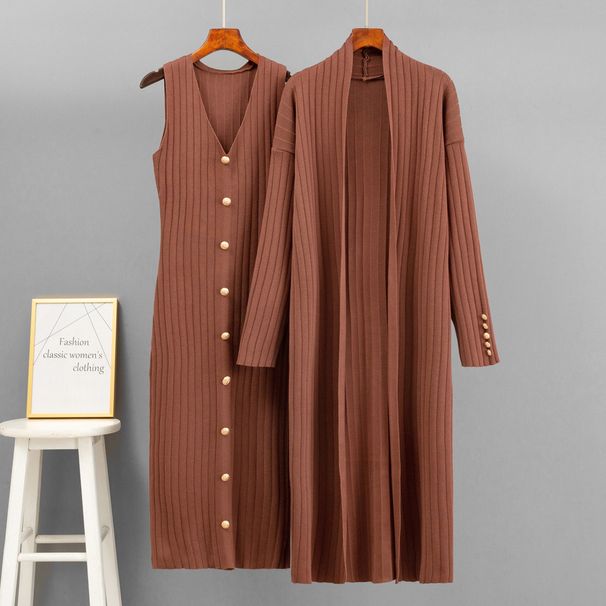 Women's Russian Fashion V Neck Sleeveless Dress Set Casual Loose Jacket Two-Piece Outfit_ecoleips.com