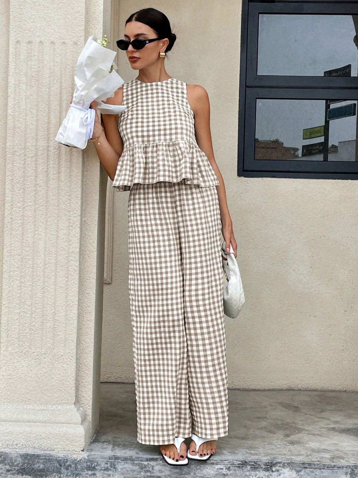 Women's Plaid Suit Set Sleeveless Ruffled Skirt round Neck Two Piece Fashionable Elegant European American Style_ecoleips.com
