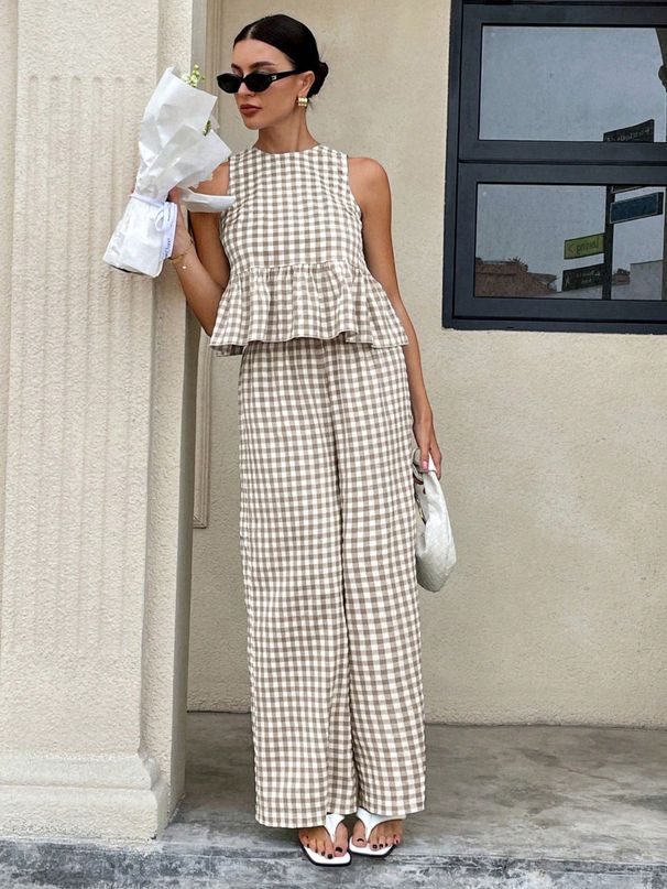 Women's Plaid Suit Set Sleeveless Ruffled Skirt round Neck Two Piece Fashionable Elegant European American Style_ecoleips.com