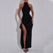 Women's Clothing Summer New Fashion Temperament Pure Color Fine Flash Sexy Large Backless Side Slit Off Shoulder Halter Neck Dress Women_ecoleips.com