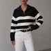 Women's Color Block Striped Collared Half Zip Pullover Sweater Long Sleeve Drop Shoulder Autumn Winter European American Style_ecoleips.com