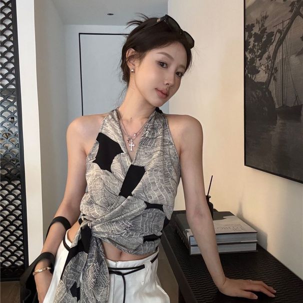 Vintage Design Cross V-Neck Halter Neck Camisole For Women Summer Tie Slim Fit Elegant Outerwear Top_ecoleips.com