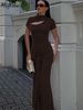 Hugcitar Elegant Turtleneck Solid Ruched Short Sleeve Hole Sexy Bandage Gown Maxi Dress Summer Vacation Clothings Party Club_ecoleips.com