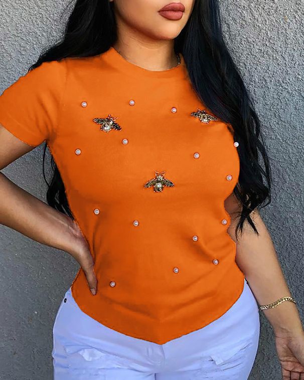 Women's Clothing Summer Elastic Beaded Butterfly Decoration Round Neck Large Size T Shirt Short Sleeve_ecoleips.com