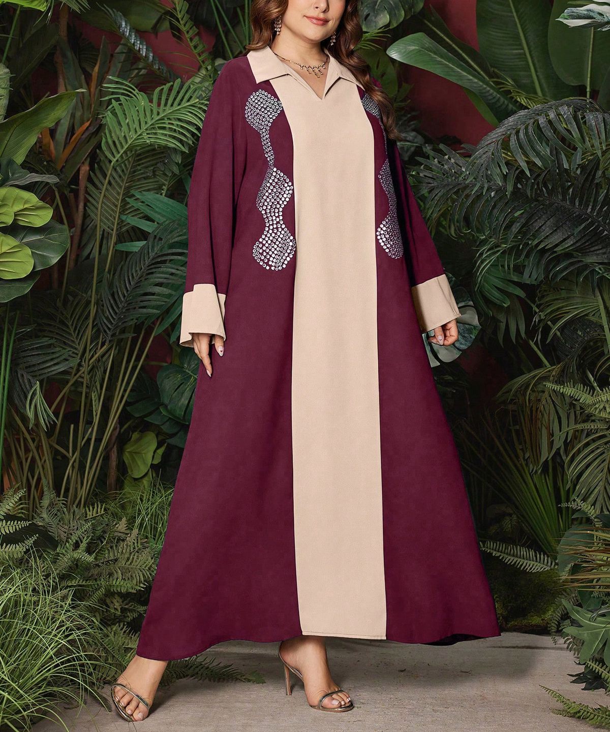 Premium Plus-Size Elegant Dress – Embellished With Rhinestones, Belted A-Line Maxi Dress For Women, Office & Party Wear (Wine Red, 0XL-4XL)_ecoleips.com