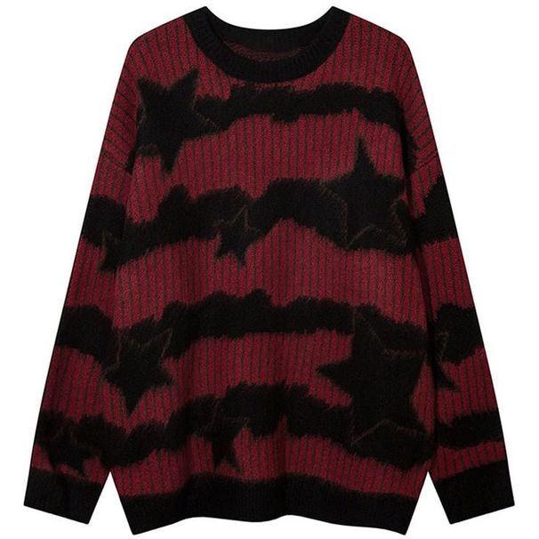 Vintage Americana Striped Star Jacquard Sweater Unisex Oversized Loose Knit Top Casual Pullover_ecoleips.com