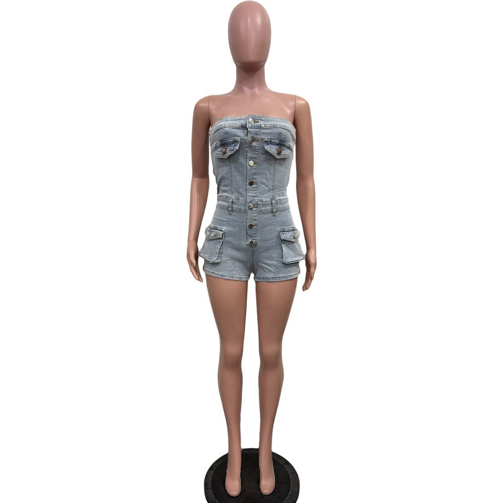 K European And American Women's Strapless Elastic Denim Jumpsuit_ecoleips.com
