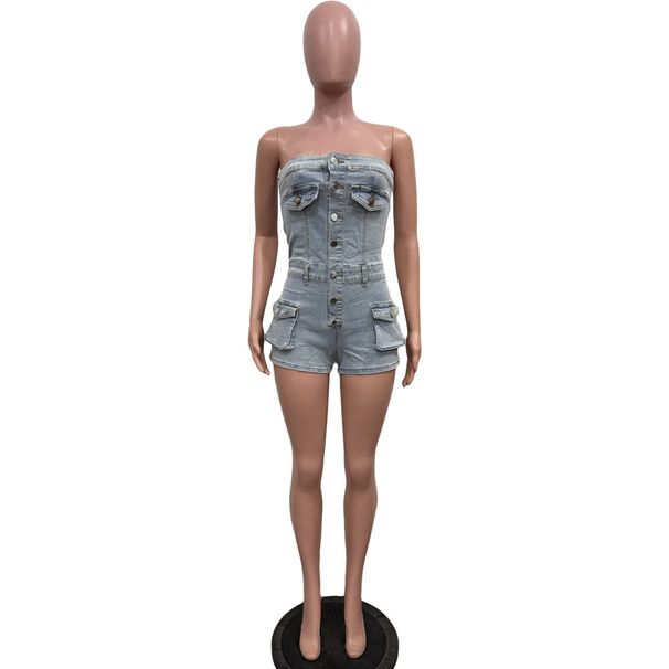 K European And American Women's Strapless Elastic Denim Jumpsuit_ecoleips.com
