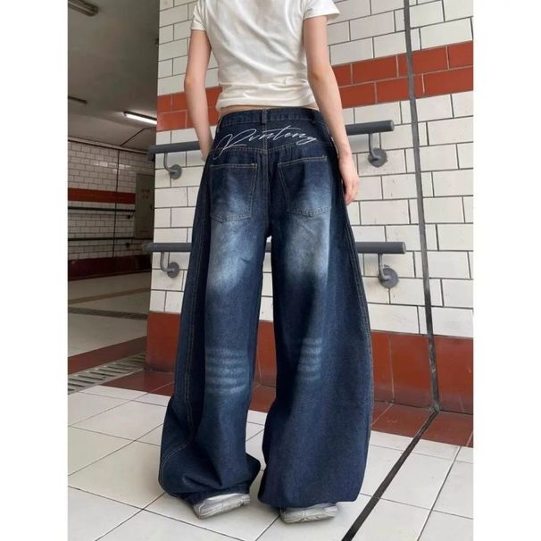 Korean Style Vintage Washed Straight Loose Design Embroidered Patchwork Wide Leg Jeans For Women_ecoleips.com
