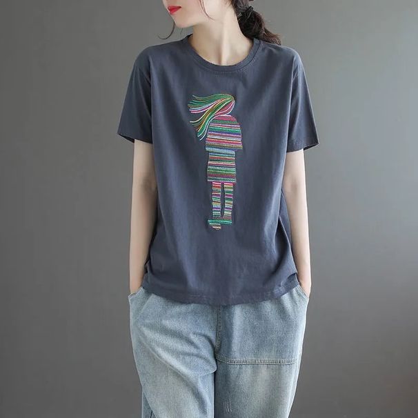 Round Neck Short-Sleeve Versatile For Women, Plus-Size Loose Fashion Solid Color Vintage T-Shirt For Women, Summer Plus-_ecoleips.com
