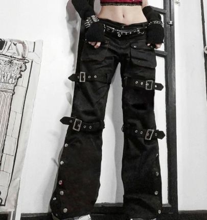 Women's Clothing Design Printed Metal Buckle Denim Drape Trousers_ecoleips.com