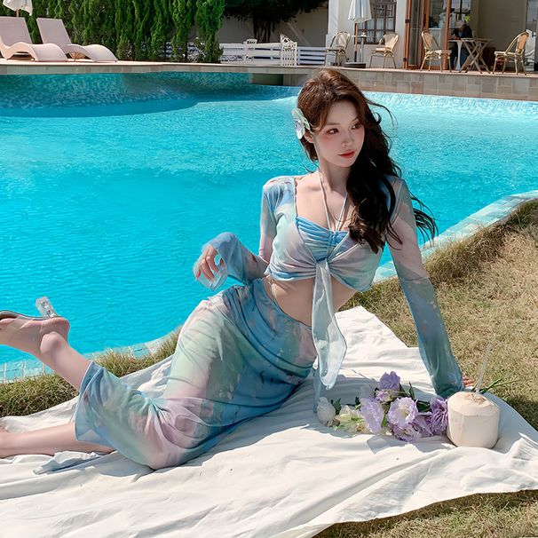 Women's Elegant Flowy Swimsuit Set with Long Sleeve Cover Dress 4-Piece Beachwear for Resort Vacation And Photoshoot_ecoleips.com