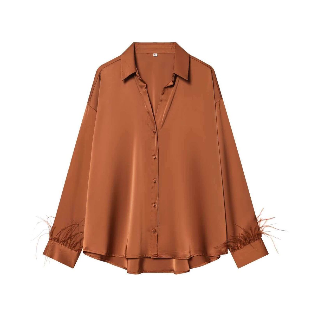 Elegant Satin-Feel Blouse With Feather Trim – Minimalist Versatile Top For Women, Caramel, S/M/L, Perfect For Office & Casual Wear_ecoleips.com