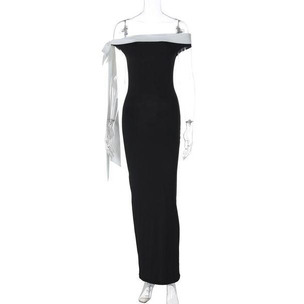Women's 2025 Summer New Fashion One-Shoulder Ribbon Slim Solid Color Dress Wholesale_ecoleips.com
