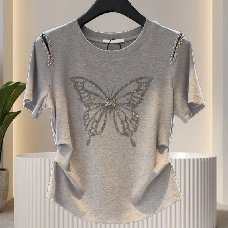 Women's Clothing Summer Round Neck Butterfly Hot Diamond Short Sleeve T Shirt Female Fashion Tops_ecoleips.com