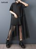 2026 Summer New Mesh Patchwork Vintage Shirt Dresses For Women Short Sleeve Loose Casual Ladies Dress Fashion Elegant Clothing_ecoleips.com