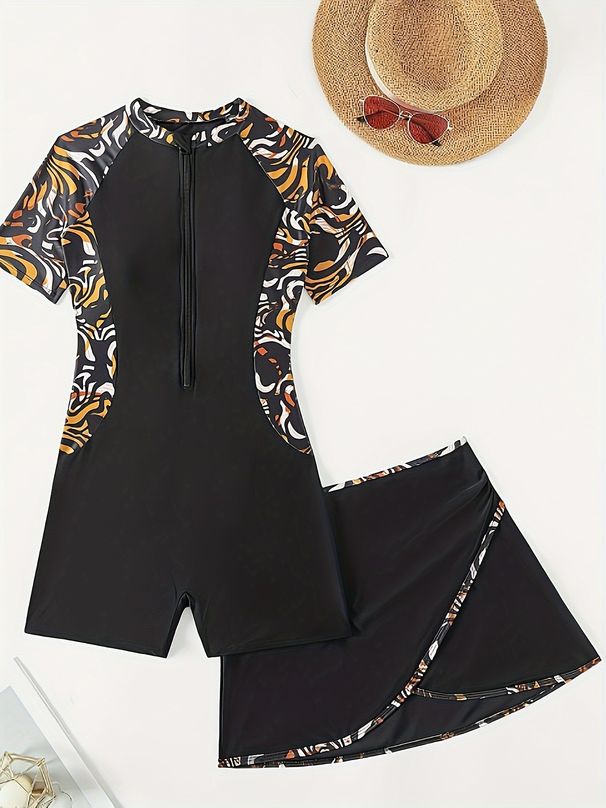 Aria Basics 2025 New Women's One-Piece Short Sleeve Two-Piece Set European And American Cross-Border Diving Suit With Wrap Skirt_ecoleips.com
