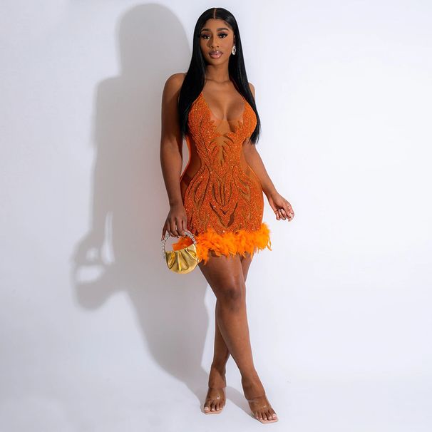 Women's Clothing New Fashion Lace Up Sequined Perspective Hip Wrapped Short Skirt Dress For Women_ecoleips.com