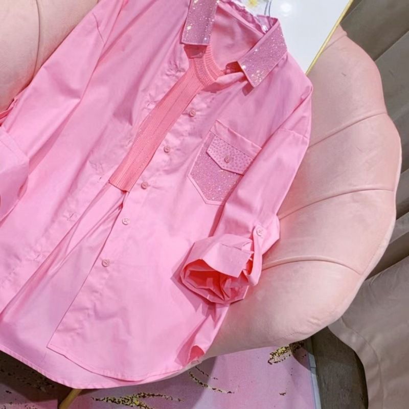 Women’s Clothing Colorful Candy Pocket Turn Sleeve Hot Diamond Shirt For Women Spring And Summer New Style_ecoleips.com