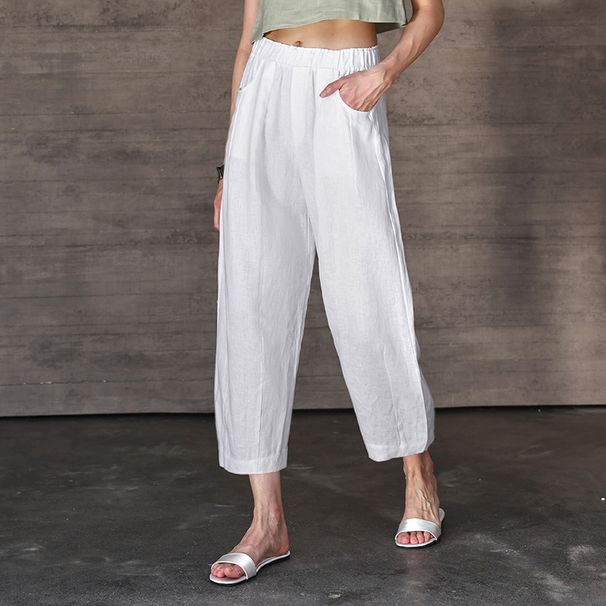 Spring Style Women's Pure Linen Cropped Pants Elastic Waist Carrot Fit Loose Long Straight Leg Slimming Versatile Pure Linen Pants_ecoleips.com