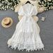 Women's French Romantic Style Puff Sleeve Lace Dress Belted A-Line Long Skirt Breathable Elegant Summer Dress Skin Friendly_ecoleips.com