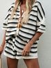 Women's Striped Knit 2 Piece Outfit, Hollow Out Short Sleeve Polo Neck Top & Elastic Waist Shorts Set, Casual Loose Summer Loungewear For Daily Beach_ecoleips.com