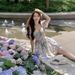 French Hepburn-style Forest-themed Mid-length In Misty Blue With Square Neckline Floral Pattern, A Stylish And Youthful_ecoleips.com