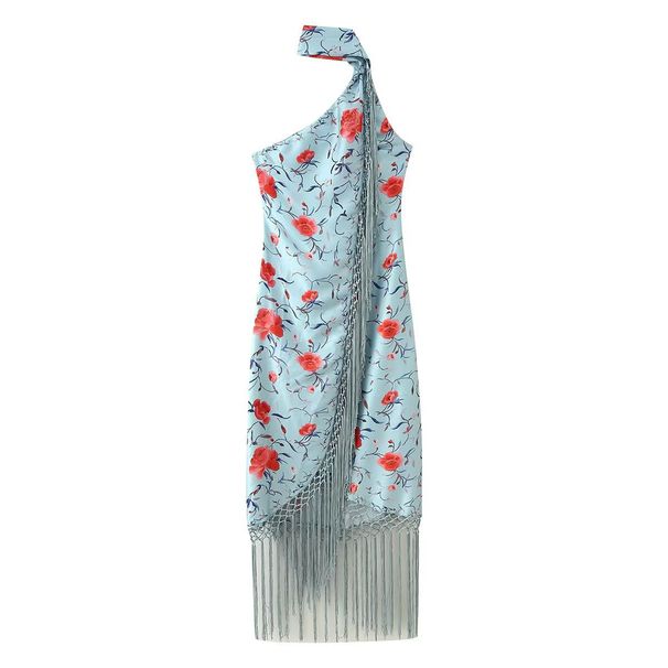 Summer 2025 Women's Tassel Print Off-Shoulder Halter Neck Long Dress Slim Waist Cross Border Fashion Casual Maxi Dress_ecoleips.com