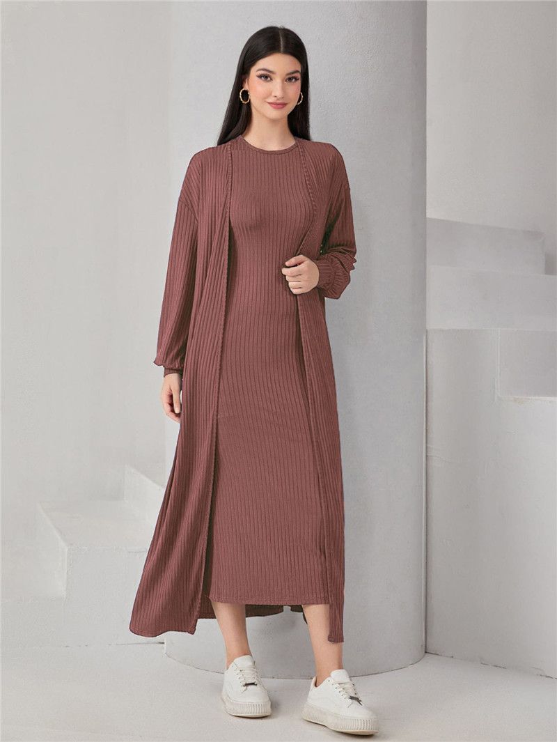 Verve Arabic Muslim Women's Two-Piece Vest Dress Cardigan Robe Ribbed Set_ecoleips.com