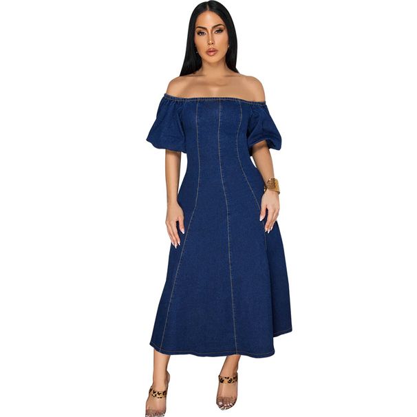 Women's Denim Long Dress U-Neck Short Sleeve Spring/Autumn Summer New Style Elastic Fit Casual Dress_ecoleips.com