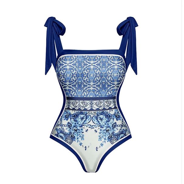Women’s Clothing Swimsuit New Bow Tie Blue Ethnic Style Printed One Piece Swimsuit Suit_ecoleips.com