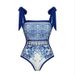 Women’s Clothing Swimsuit New Bow Tie Blue Ethnic Style Printed One Piece Swimsuit Suit_ecoleips.com