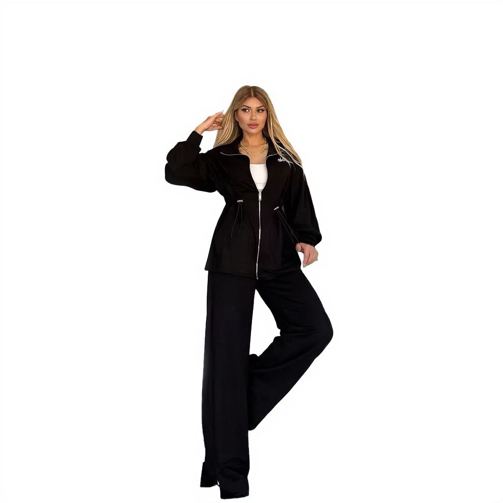 Women's Casual Cotton Two-Piece Set – Embroidered Wide-Leg Pants & Long Sleeve Top (Black/Brown/Camel, Sizes S-Xxl, Euro-Chic Comfort Outfit)_ecoleips.com