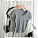 High Quality V-neck Front Shoulder Short-sleeved T-shirt Women's Slim-fit Design Bottoming Shirt Pleated Curved Hem Top_ecoleips.com