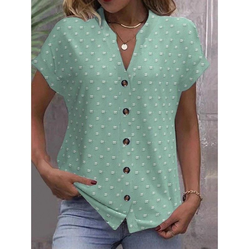 Women's Clothing Summer V Neck Short Sleeved Jacquard Tops Fashionable Casual Shirts_ecoleips.com