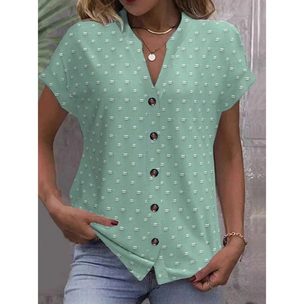 Women's Clothing Summer V Neck Short Sleeved Jacquard Tops Fashionable Casual Shirts_ecoleips.com