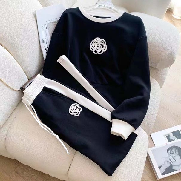 Women's Color-blocked Long-sleeved Round Neck Top And Wide-leg Pants Set Casual Fashion Knitted Two-piece Suit For Sports And Leisure_ecoleips.com