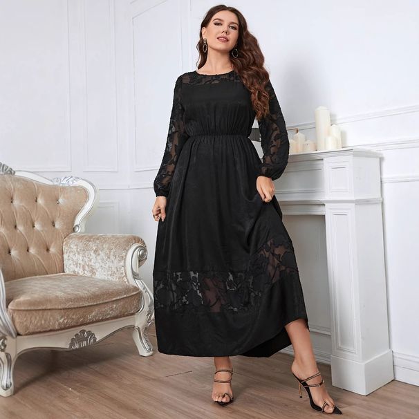 Plus-Size Long Sleeve Lace Dress – Knee-Length, Slimming & Elegant For Fall_ecoleips.com