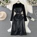 Slim-Fit Layering Set Pu Leather Strappy Dress High-Neck Top Black Bodycon Sexy Slit Detail Women's Clothing Dress_ecoleips.com
