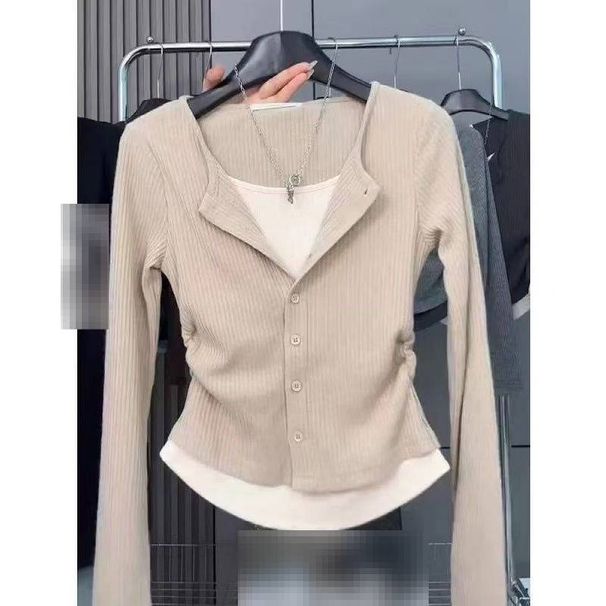 Women's Clothing Color Blocked Two Piece Set Slimming Base Layer Top With Pleated Waist Single Breasted Button Long Sleeve T-Shirt For Spring_ecoleips.com