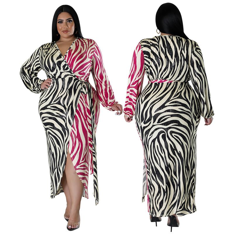 Women's Clothing Plus Size Women's Sexy Night Dress Printed Two Tone Patchwork Tie Waist Irregular Fit For Formal & Casual For Women_ecoleips.com